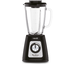 Moulinex Batidora de vaso Blendforce 2 - Jarra de vidrio 1,25 L útil, potencia 800 W, bloqueo inteligente, picadora hielo, smoothies, sopas, salsas, cremas para untar, granizados, color negro, LM4308