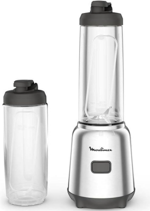 Moulinex Mix & Move LM15FD - Batidora individual, batidora smoothie de 4 cuchillas con 2 recipientes portátiles de 600 ml, 1 velocidad, para zumos y smoothies, acero inoxidable