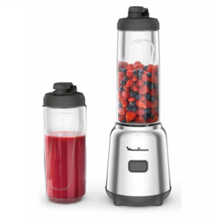 Moulinex Mix & Move LM15FD - Batidora individual, batidora smoothie de 4 cuchillas con 2 recipientes portátiles de 600 ml, 1 velocidad, para zumos y smoothies, acero inoxidable