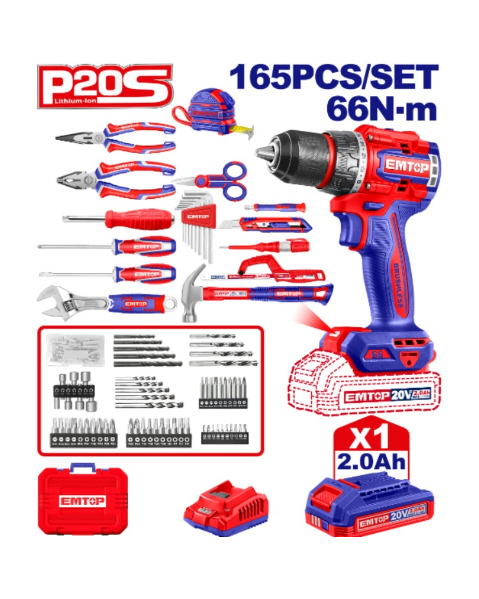TALADRO EMTOP PERCUTOR 66NM + KIT JUEGO DE HERRAMIENTAS 165 PIEZAS – EEDK16501 TALADRO EMTOP PERCUTOR 66NM + KIT JUEGO DE HERRAMIENTAS 165 PIEZAS - EEDK16501